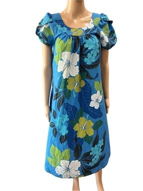 Vintage Royal Creations Hawaiian Muumuu Dress Blue Floral Tropical Midi S